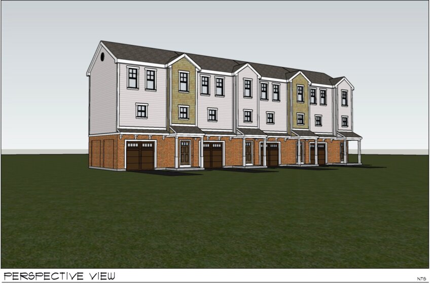 An elevation of what the proposed town houses would look like. There would be four, two-bedroom units in each town house, including one affordable unit in each, for a total of 12 units and 3 affordable units.