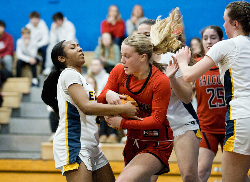 Janaya Prince-Baquero forces a jump-ball during Tuesday's quarterfinal match against Cranston West.