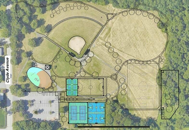 An overlay of the renovated Kent Field in East Providence includes (clockwise from top) an updated baseball/softball field, new open recreational/cricket field/pitch, new dog park, updated basketball and tennis courts, new pickleball courts and f&uacute;tsal court, updated playground with new adaptive equipment and a new complete walking track.