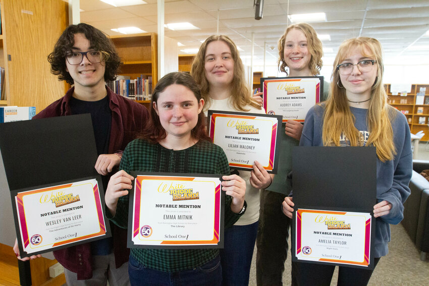 Barrington High School students Wesley Van Leer, Emma Mitnik, Lillian Maloney, Audrey Adams and Amelia Taylor (from left to right) won awards in the recent Write Rhode Island competition.
