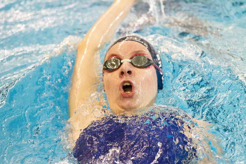 Portsmouth High sophomore Mae Marston competes in the 200-yard individual medley during the RIIL Girls State Swim Meet held Saturday at Roger Williams University. She clocked a time of 2:30.92.