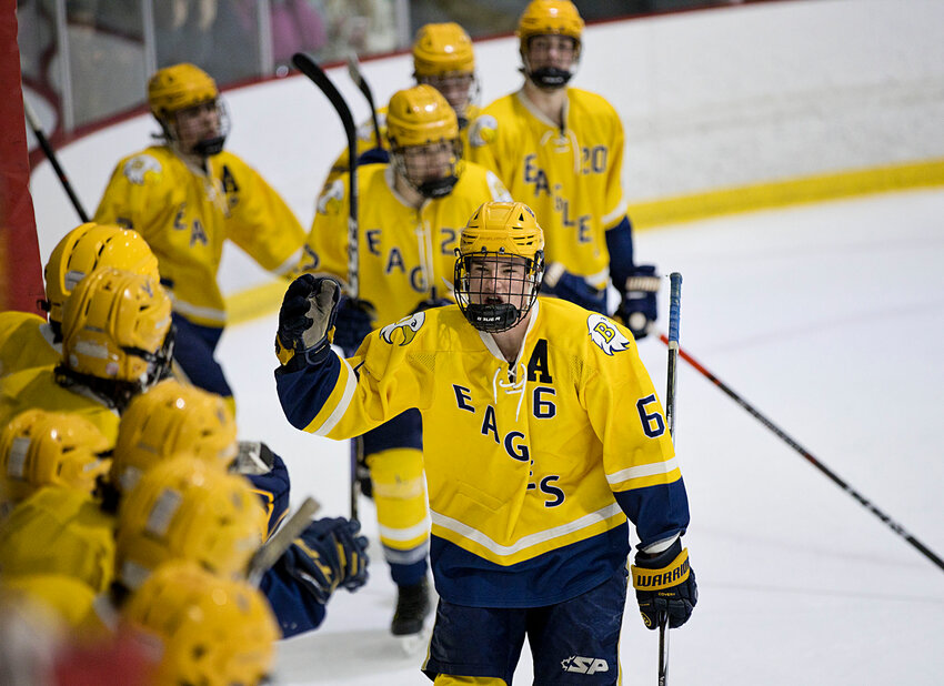 Adam Gorman, shown celebrating a goal with his teammates during the playoffs, was selected for a Hobey Baker High School Character Award.