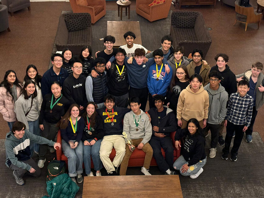 Members of the Barrington High School Science Olympiad team gather for a photo after finishing sixth at the recent Brown University Science Olympiad Invitational.