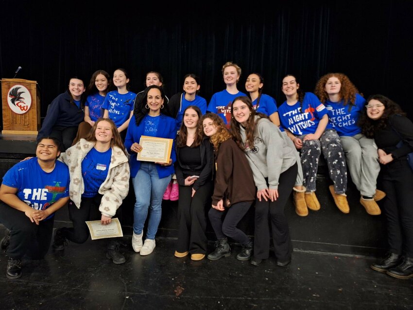 The St. Mary Academy-Bay View Players theatre troupe crowned champion at the 2024 Rhode Island Drama Festival last week for its performance of &ldquo;The Night Witches&quot; included (top row, left to right)  Jillian Escobar, Yishan Brady, Theodora Minca, Emelia Zabbo, Elizabeth Dunlop, Maggie Peterson, Sophia Delara, Julie DaSilva, Lily Tremble, Cassandra Bonilla; (front row) Zara Jean, Yiling Brady, Mrs. Nancy Peters, Olivia Dufresne, Ava Sousa, Selah Ethier.