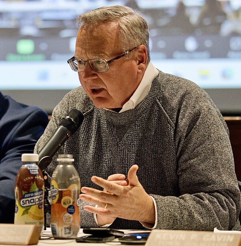 Town Administrator Richard Rainer, Jr. speaks during a December hearing on the proposed East Main Road roundabout.