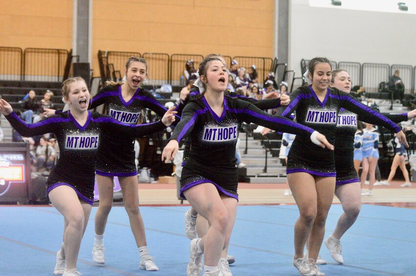 Liliana Bowden, Aaliyah Braz, Cristina Marino, Kendra soares, and Lila Maloney perform at the Rhode Island Interscholastic League&rsquo;s state championships at the Providence Career &amp; Technical Academy on Saturday.