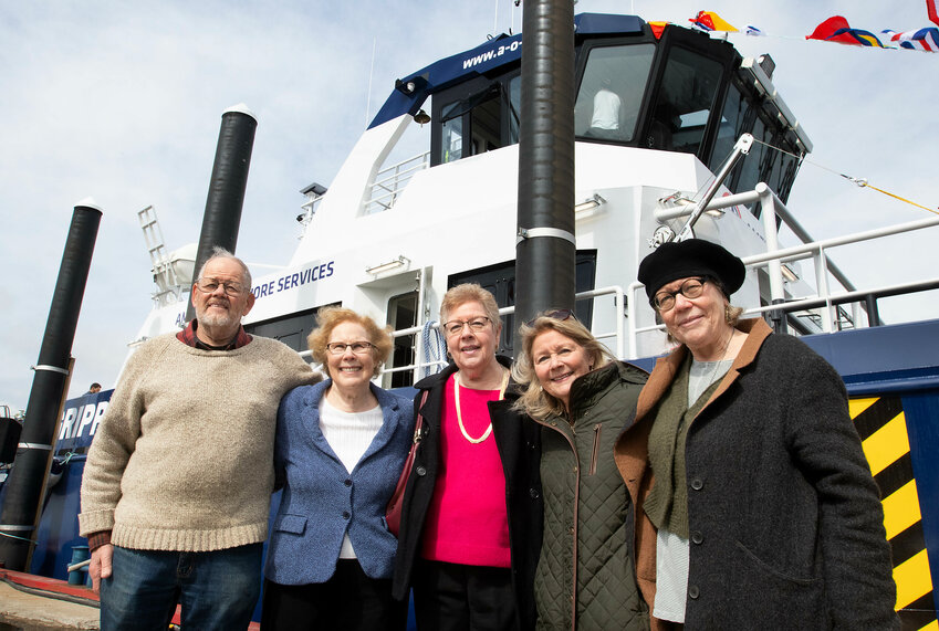 Blount siblings, Bill, Marcia, Joanne (Blount Dahmer), Nancy and Julie, pose for a photo with &ldquo;Gripper&rdquo;, a crew transfer vessel which will be utilized to transport workers from regional offshore wind projects.