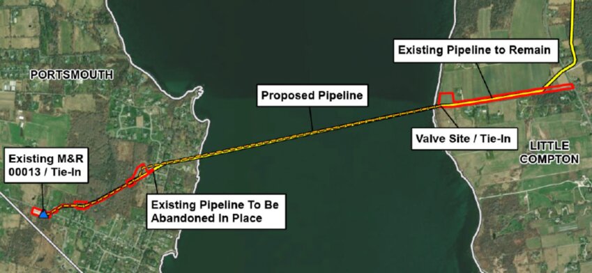A rendering of the proposed work area and pipeline under the Sakonnet.