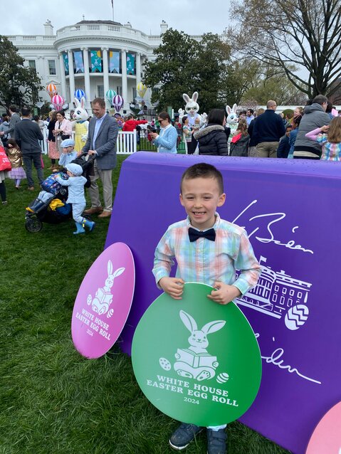 Nathan Kearns of Portsmouth was all smiles when he appeared at the 2024 White House Easter Egg Roll on Monday, April 1. The 6-year-old earned himself and his family a trip to Washington, D.C. by designing an egg that was chosen to represent Rhode Island.