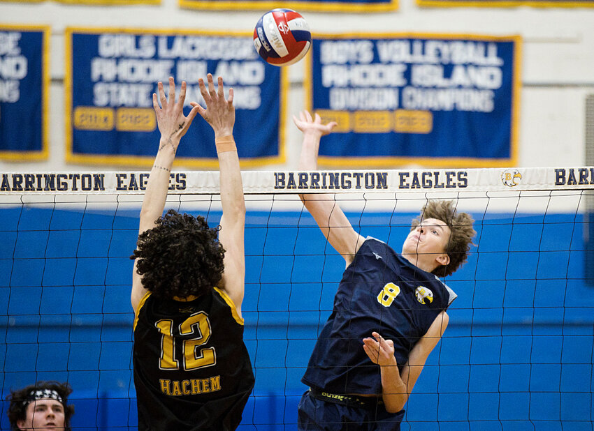 Donovan Park (right), shown during the Eagles' game against Central earlier this season, had five kills, three aces and four digs during Barrington's recent 3-0 victory over the Knights.