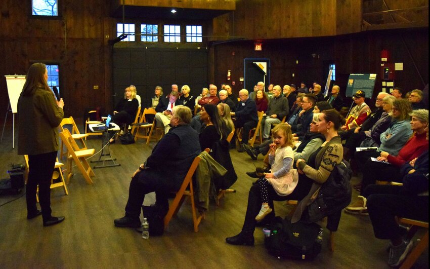 Consultant Nancy Morgan begins a Community Conversation with more than 60 people who gathered at Mount Hope Farm on March 27 to discuss the future of a proposed Sowams National Heritage Area.