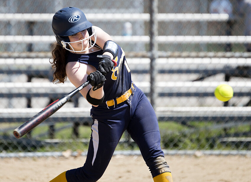 Ace McCoy makes contact while up to bat against South Kingstown, Monday.