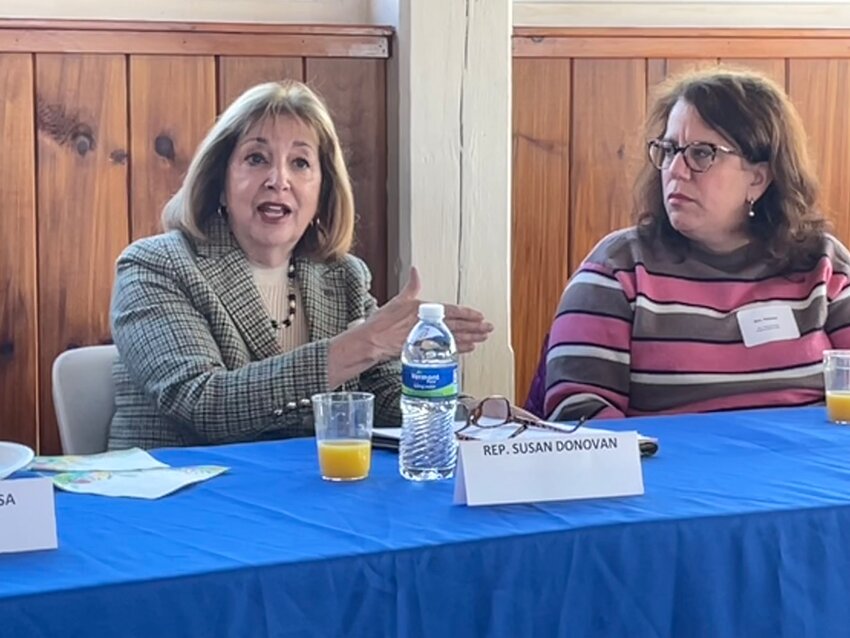 Rep. Susan Donovan (left), or Bristol and Portsmouth, makes a point during a wide-ranging discussion at an East Bay Chamber of Commerce breakfast meeting. Sen. Pamela Lauria, or Barrington, East Providence and Bristol, looks on.