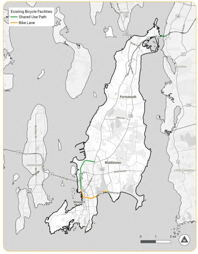 Map shows limited bicycle infrastructure currently on Aquidneck Island. The recent completion of the shared  use path associated with the Pell Bridge ramp project, however, has resulted in a notable increase, according to Ride Island.
