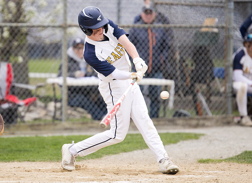 Fin Thomson, shown connecting with a pitch during an Eagles' game earlier this season, went 2-for-4, drove in one run and scored the game-winner during Barrington's 3-2 victory over St. Raphael's on Friday evening, May 31.