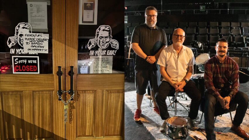 LEFT: Multiple people contacted the newspaper after seeing the front doors that lead to the new theater space at 28 Market St. locked up with an eviction notice in the window. RIGHT: David Silva, left, the proprietor of &ldquo;Beneath The Garden, LLC,&rdquo; which is the corporate entity he utilized to enter into the lease agreement with New Hampshire developer Brian Thibault, who owns 28 Market St.; Chris Zingg, middle, owns In Your Ear Records, which joined as a partner to occupy the retail space; and Tyler Benton, right, who joined to run the vinyl bar concept that opened adjacent to the record shop. The three comprised the investing team behind the ambitious concept that now appears to be dead in the water.
