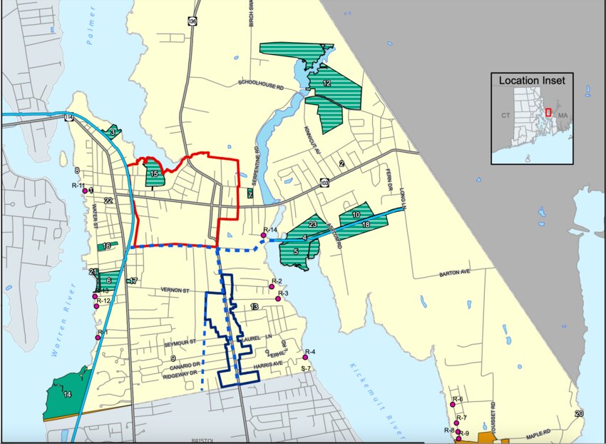 A map with dotted blue lines shows a concept for an interconnected network of bicycle and walking paths that link up with the existing East Bay Bike Path, and connect East and West Warren together.