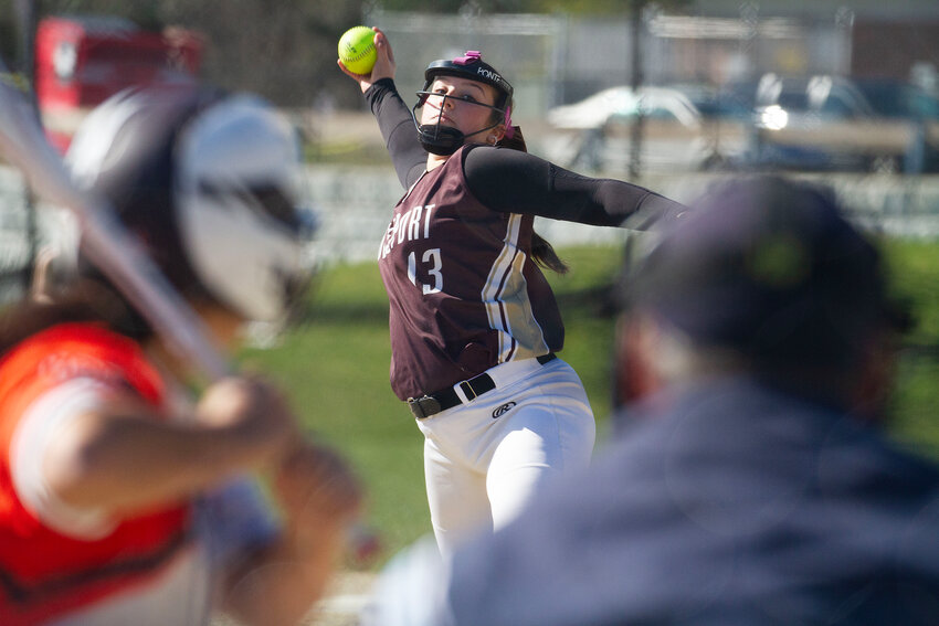 Mackenzy Ponte rears back to throw a fastball during the Wildcats game against Diman on Friday. The junior righty struck out 7 in 7 innings.
