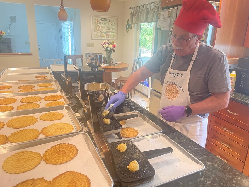 Jimmy Campagna hard at work from his home kitchen preparing a batch of pizzelles, a storied Sicilian cookie.