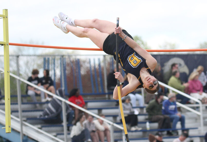 Barrington&rsquo;s Ellie Noonan soars over the bar while competing in the pole vault on Saturday. Noonan won the event.