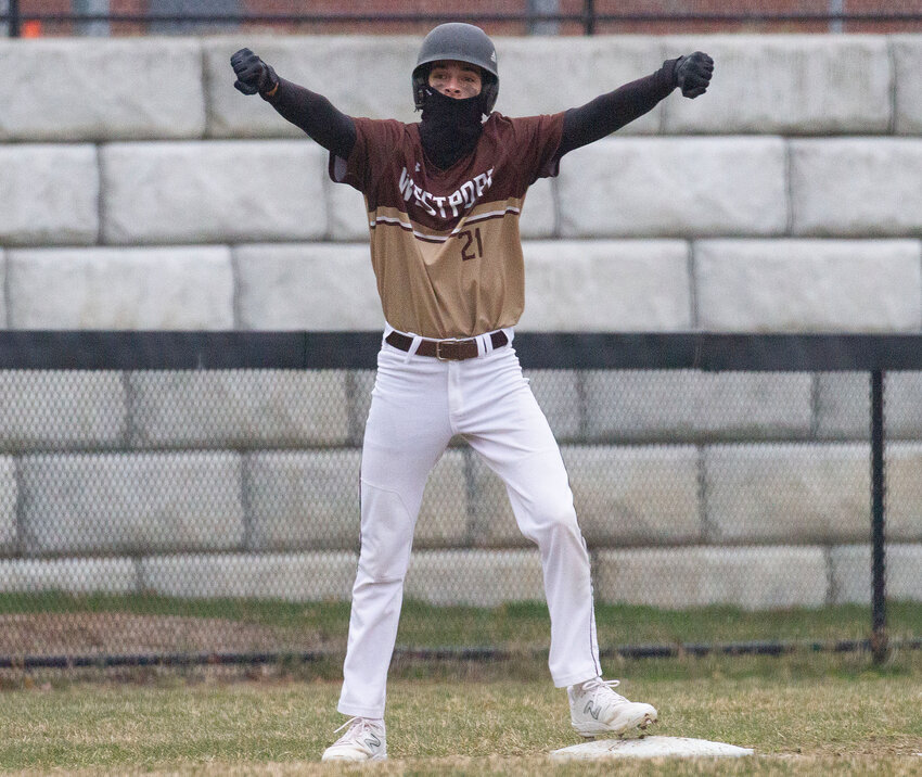 Owen Boudria reacts after mashing a run scoring triple to left field earlier this season.   Boudria is a superior athlete who has become our cleanup hitter,&rdquo; said Coach Charette. &ldquo;He has been productive in every aspect of the game.&rdquo;