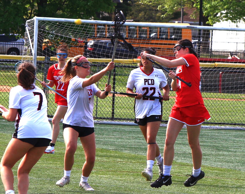 Dylan Flynn scores the game's first goal for East Providence High School in its Division III girls' lacrosse win over Providence Country Day Thursday, May 9.