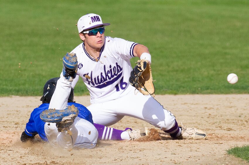 Shortstop Danny Deselits takes a pick-off throw from pitcher Ethan Santerre at second base during their 10-0 home loss to Cumberland on Friday.