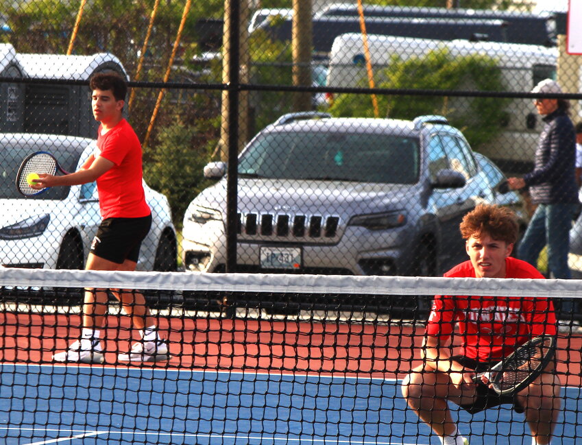 Seniors Jaydon Massa (left) and Joe Kramer were among the EPHS starters who played their final regular season home match Tuesday, May 14, against Tiverton. The Townies' No. 3 doubles pair won in two sets while the team prevailed overall by a 7-0 score.