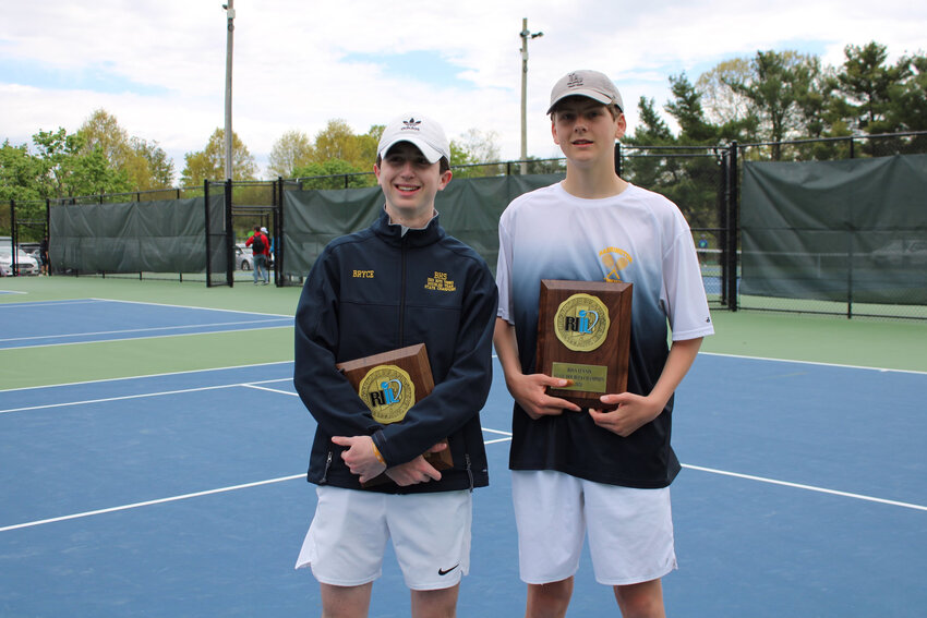Barrington High School's Bryce Kupperman (left) and Gabe Anderson won the RI State Tennis Doubles Championship last weekend. It was the second straight state championship for Kupperman and Anderson.