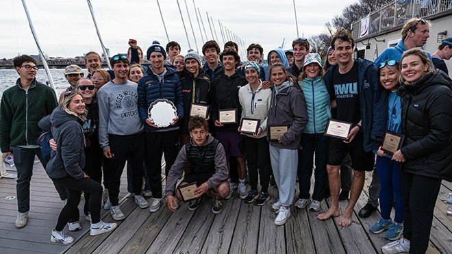 The RWU Sailing team celebrates after taking home the Open Team Race National title, after placing first at the Inter-Collegiate Sailing Association Open Team Race National Championship on April 27.