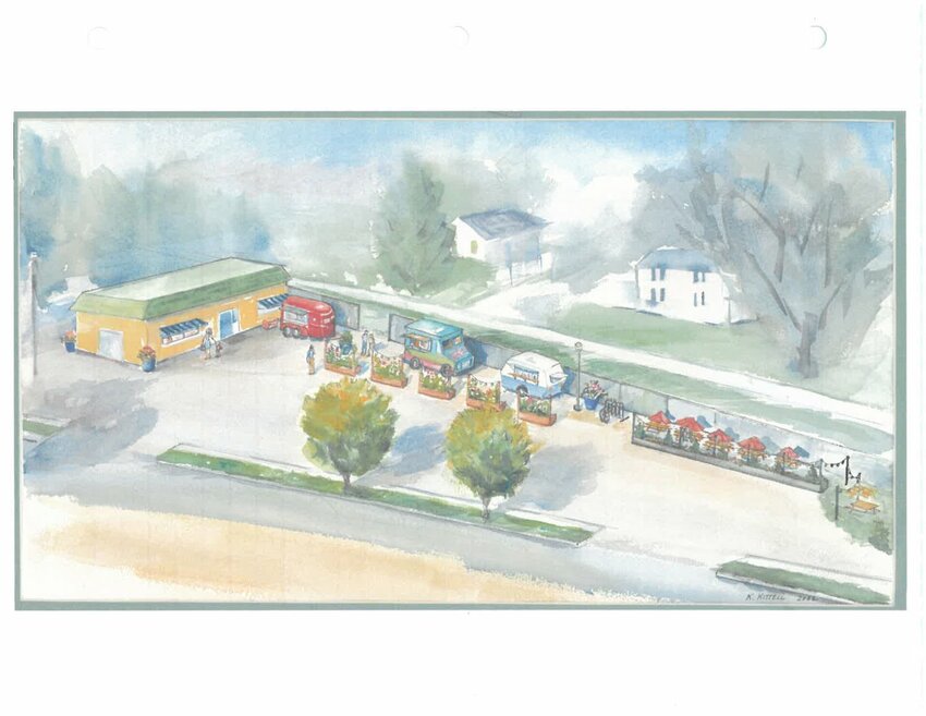 This sketch from a couple years back illustrated the concept in mind by Matthew King. King said on Monday the vision remains much the same, with Tizzy K&rsquo;s anchoring the brick and mortar portion, a pizza variant of the Taco Box, and two rotating food trucks on the premises.