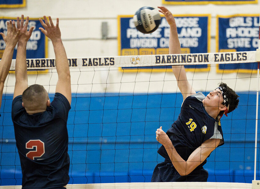 Cam Kelley, shown in a match earlier this season, led the Eagles offense with 15 kills in the win over West Warwick.