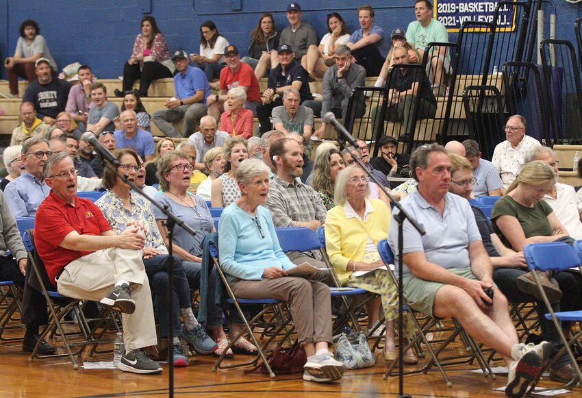 Barrington residents attend the Financial Town Meeting inside the high school gym on Wednesday night, May 22.