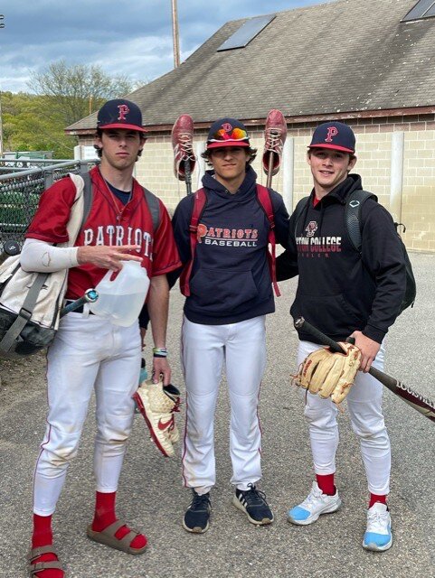 Portsmouth High School Division I All-Stars Nick Spaner, Cam Ruggieri, and John Mass (from left) at the Rhode Island Division 1 Baseball Coaches Association All-Star Game on May 11 at McCarthy Stadium.
