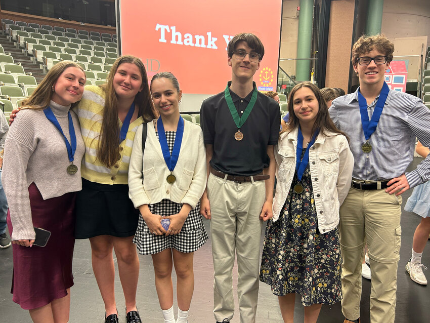 Barrington High School students Jane Fahey, Sadie Spector, Morgan Silva, Jackson Kelley, Mia Biagetti and Sam Weiser (from left to right) earned honors at the state meet for National History Day.