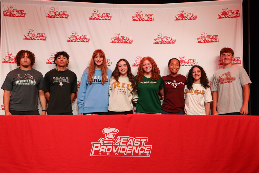 EPHS seniors (from left to right) Steven Clark Jr., Nolan Lorenz, Kate Bernhardt, Daniella Escudero, Kenna Wigginton, Rylee Jackson, Kaylee Vieira and James McShane each officially put pen to paper, pledging their skills to a group of Division II and III college programs.