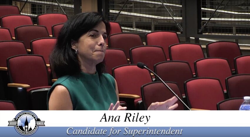 Ana Riley answers questions from the Fall River School Committee during their public interview on Wednesday night.