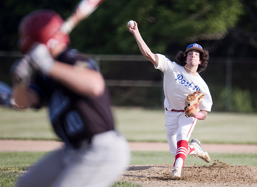 JJ Renaud delivers a pitch for the Riverside Post 10 Juniors in their 2024 American Legion Baseball opener against Cranston Post 20 on June 12.