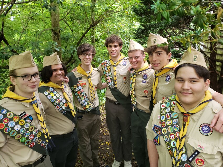 Seven members of Barrington Boy Scouts Troop 2 recently earned their Eagle rank. They are (from left to right) Tim Birch, Aiden Pilipski, Griffin Gardner, Ethan Knight, Finn Stabach, Hayden Knight and Jonathan Brady.