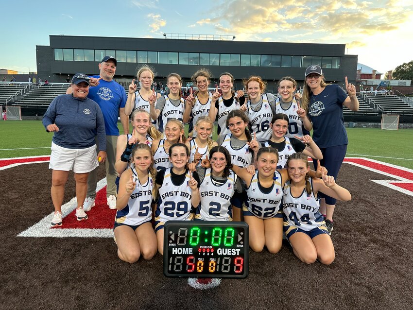 East Bay Lacrosse&rsquo;s Girls 7/8 Division 1 team recently won the state championship. Pictured are (from left to right, back row) Assistant Coach Brad Wilson, Emma Pearse, Grace Wilson, Charlotte Farrell, Clare Capozza, Ella Martin, Stella Tisdale (D2), Head Coach Cerissa Blaney, (middle row) Assistant Coach Leslie Saylor, Kendall Blaney, Daisy Moscrop, Nina Hansen, Maria Lamb, Marissa Sao Bento (D2), (front row) Surry-Jane Manville, Molly Reagan, Julia Alessandro, Mila Aguirre, and Tessa Lapinski. Not pictured are Adelaide Crosby, Eleanor Lial and Bridget Nolan.