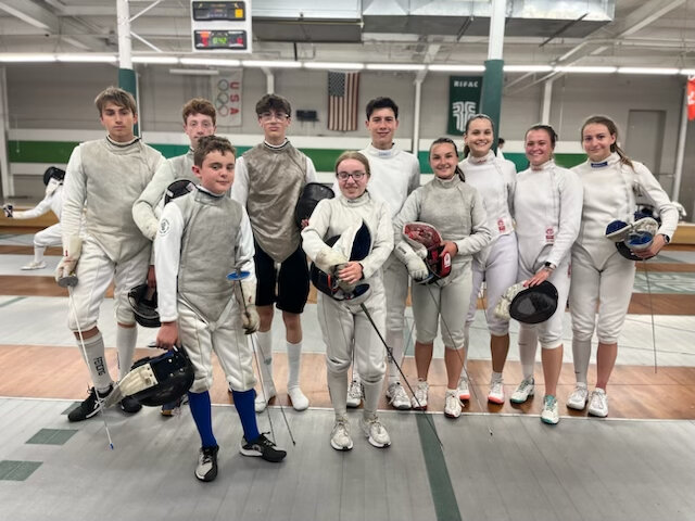 Twelve Barrington athletes from the Rhode Island Fencing Academy &amp; Club will compete at the upcoming national championships. Among those headed to nationals are (from left to right, back row) Gareth Stafford, Justin Tibbetts, Joseph Ripa, Hayden Kelley, Anika Breker, Alex Smuk, Dasha Smuk, Emma Mueller, (front row) Griffin Roper and Lily Tibbetts.