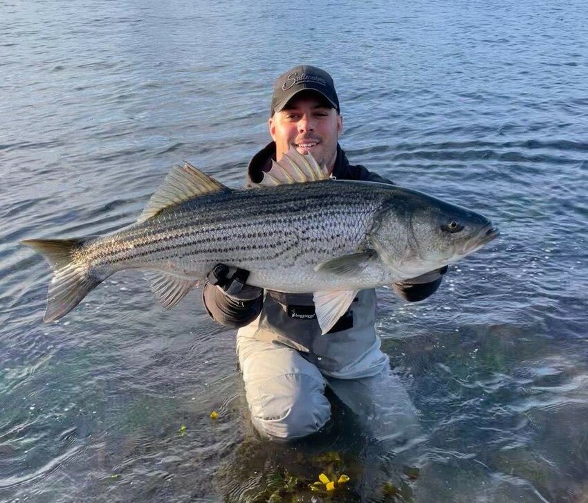 Vito Marsico with a 28-pound striped bass he caught on the Cape Cod Canal. Photo by his father Vinnie Marsico.