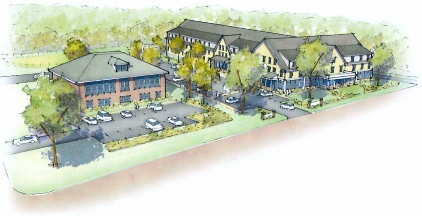 Church Community Housing&rsquo;s conceptual rending of the Anne Hutchinson School building (left), which will potentially be developed into market-rate condos, and the new senior center facility and affordable senior housing complex at right.