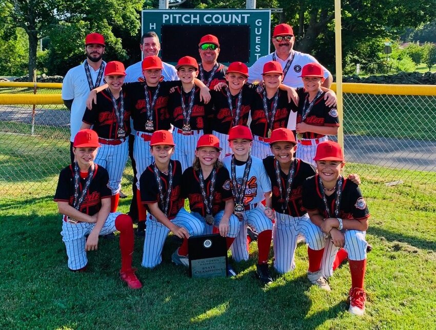 The state champion Tiverton Baseball U10 All Star team includes (front row, from left) Gavin Grimm, Brandon Flores, Dax Michaud, Shea MacGillivary, Liam Destremps and Chace Silva; (middle, from left) Jacoby Teixeira, Jack Toner, Calvin Medeiros, Sam Chapman, Liam Moore and Weston Methia; and (top row, from left) Coach Mike Silva, Coach Justin Teixeira, Coach Dan Medeiros and Manager Jason Methia.