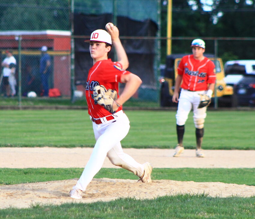 Will Haggerty delivers a pitch for the Post 10 Senior squad during his five-inning, no-hit performance in Riverside's 10-0 win over Pawtucket Post 25 Wednesday night, July 10.