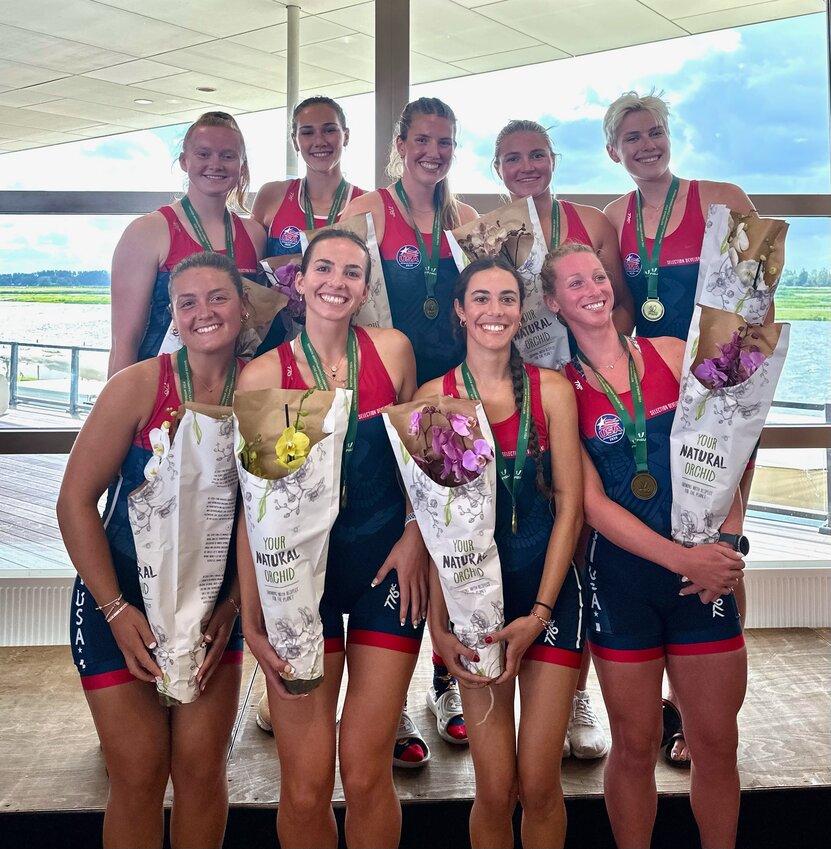 Barrington&rsquo;s Ava Tine (front row, first on the left) helped the US Women&rsquo;s Eight boat capture a gold medal at the recent FISU 2024 World University competition.
