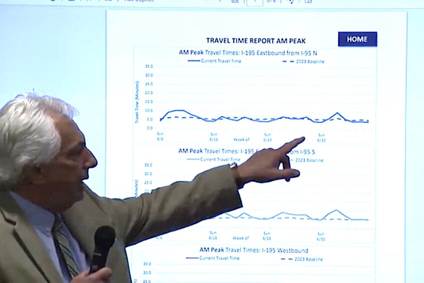 RIDOT Director Peter Alviti speaks while showing a graph on traffic patterns on the Washington Bridge during a press conference Tuesday, July 9.