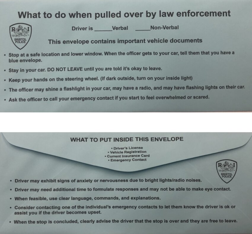 This sample shows what the envelopes would look like, which contain all the necessary documents and provide step-by-step information for a driver who may have a range of afflictions that prevent them from having a standard interaction with police.