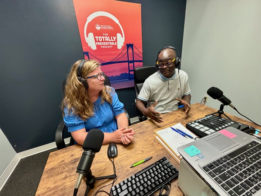 Polly Allen, director of prevention for the Newport County Prevention Coalition, and Gregory Thompson, regional drug-free communities grant program director, host a podcast called &ldquo;Totally Preventable&rdquo; that&rsquo;s taped at the regional coalition&rsquo;s headquarters in the Portsmouth Business Park.