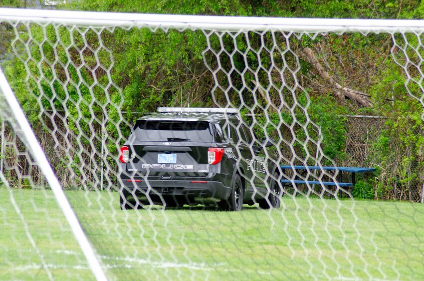 A police cruiser is parked on the BHS soccer field during a lockdown incident last May.